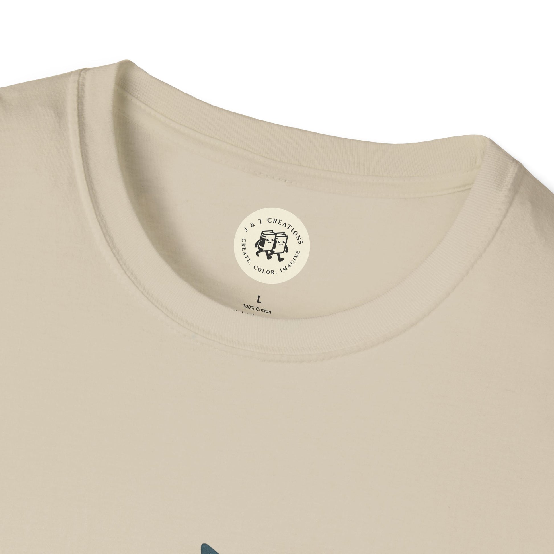 Close-up of Printify beige Keep on Rockin in the Free World shirt collar and tag