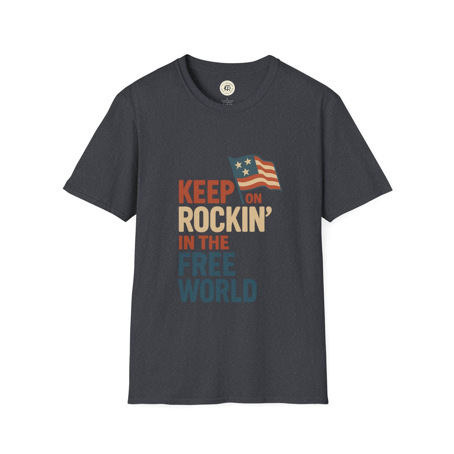 Printify Keep on Rockin in the Free World shirt in black with retro flag graphic and bold text