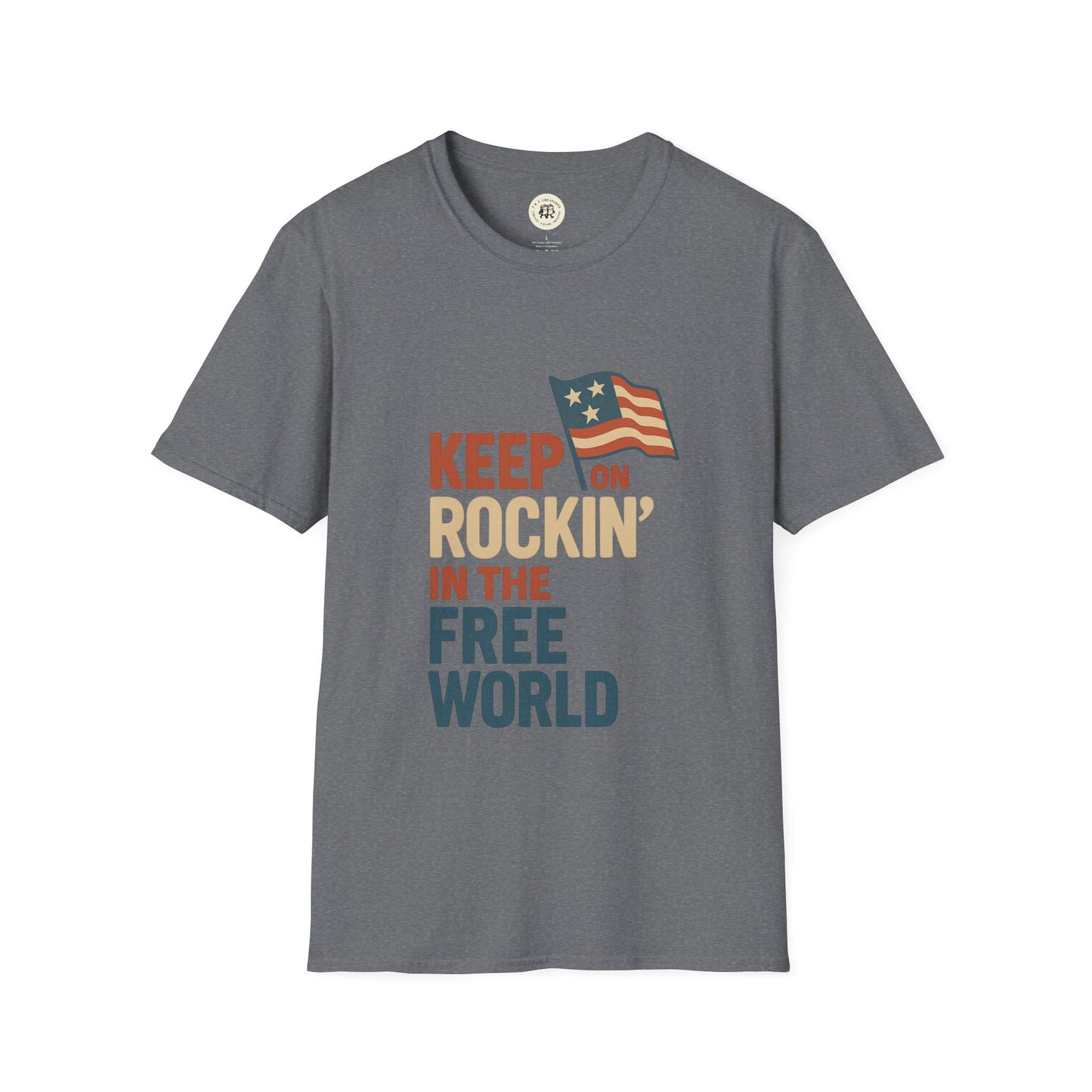 Gray T-shirt from Printify with a vintage style Keep on Rockin in the Free World shirt text and American flag graphic