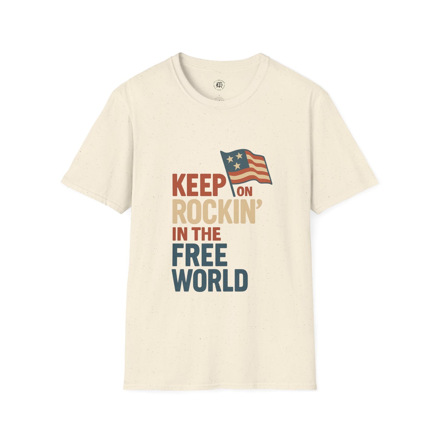 Printify beige t-shirt with Keep on Rockin in the Free World shirt text and American flag graphic