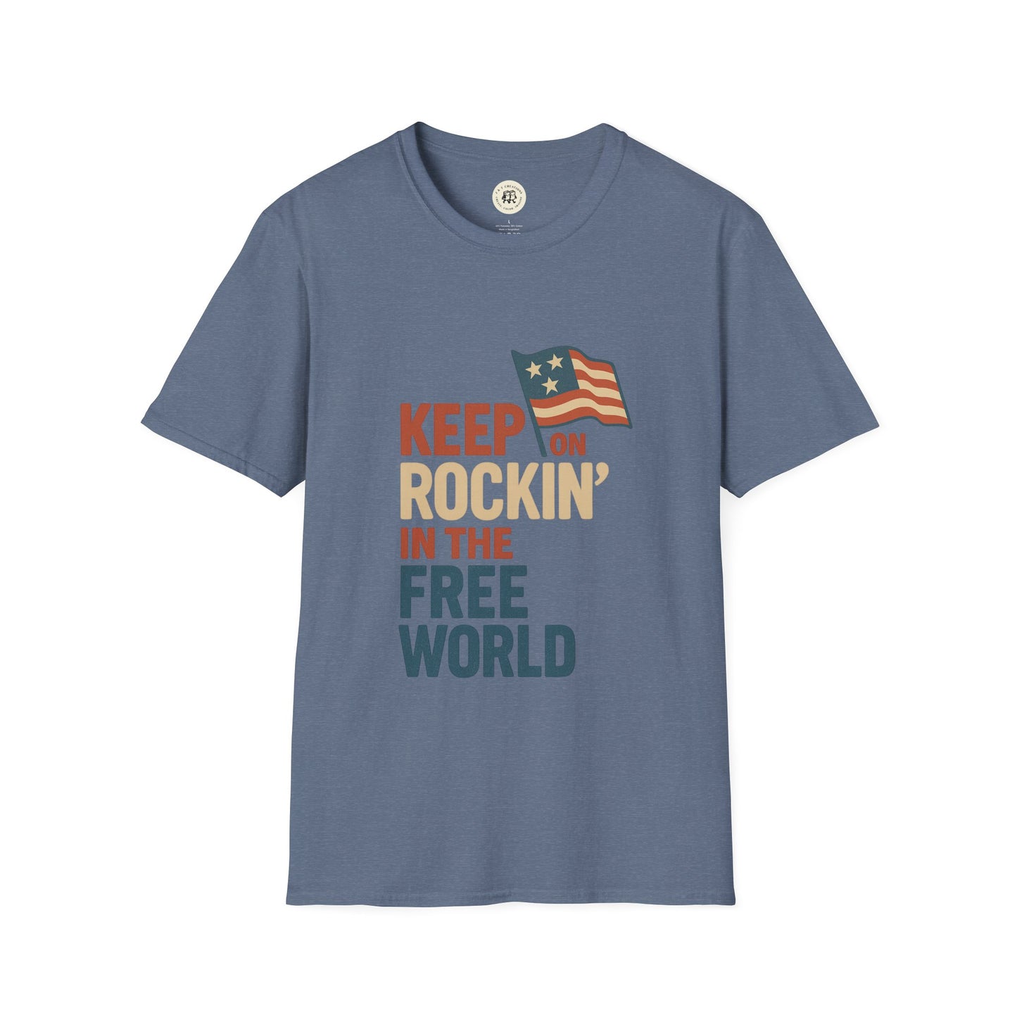 Printify blue t-shirt with Keep on Rockin in the Free World shirt text and vintage American flag graphic