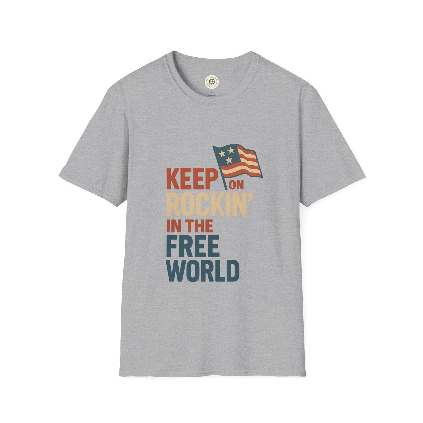 Gray Printify T-Shirt with Keep on Rockin in the Free World shirt graphic and American flag design