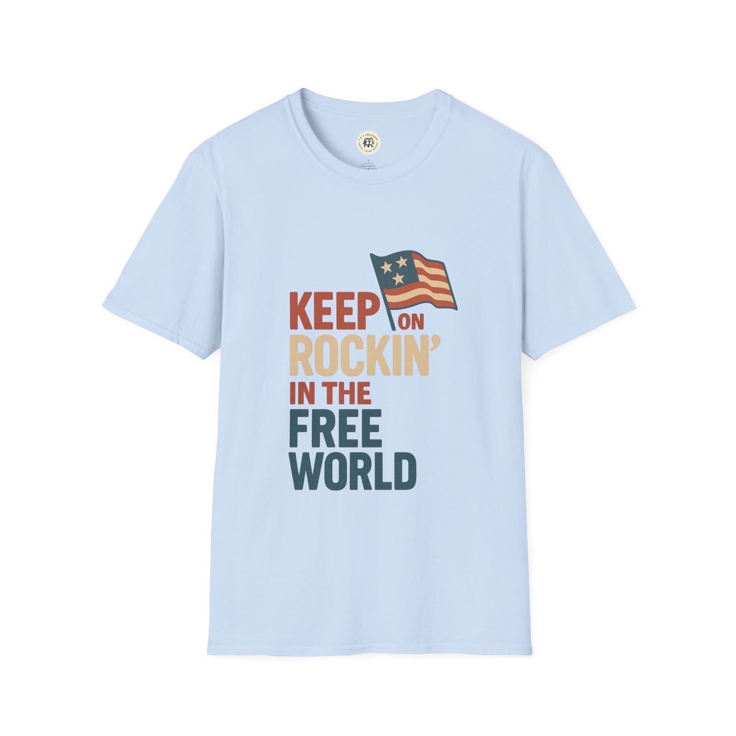 Light blue Printify t-shirt with Keep on Rockin in the Free World shirt text and American flag graphic