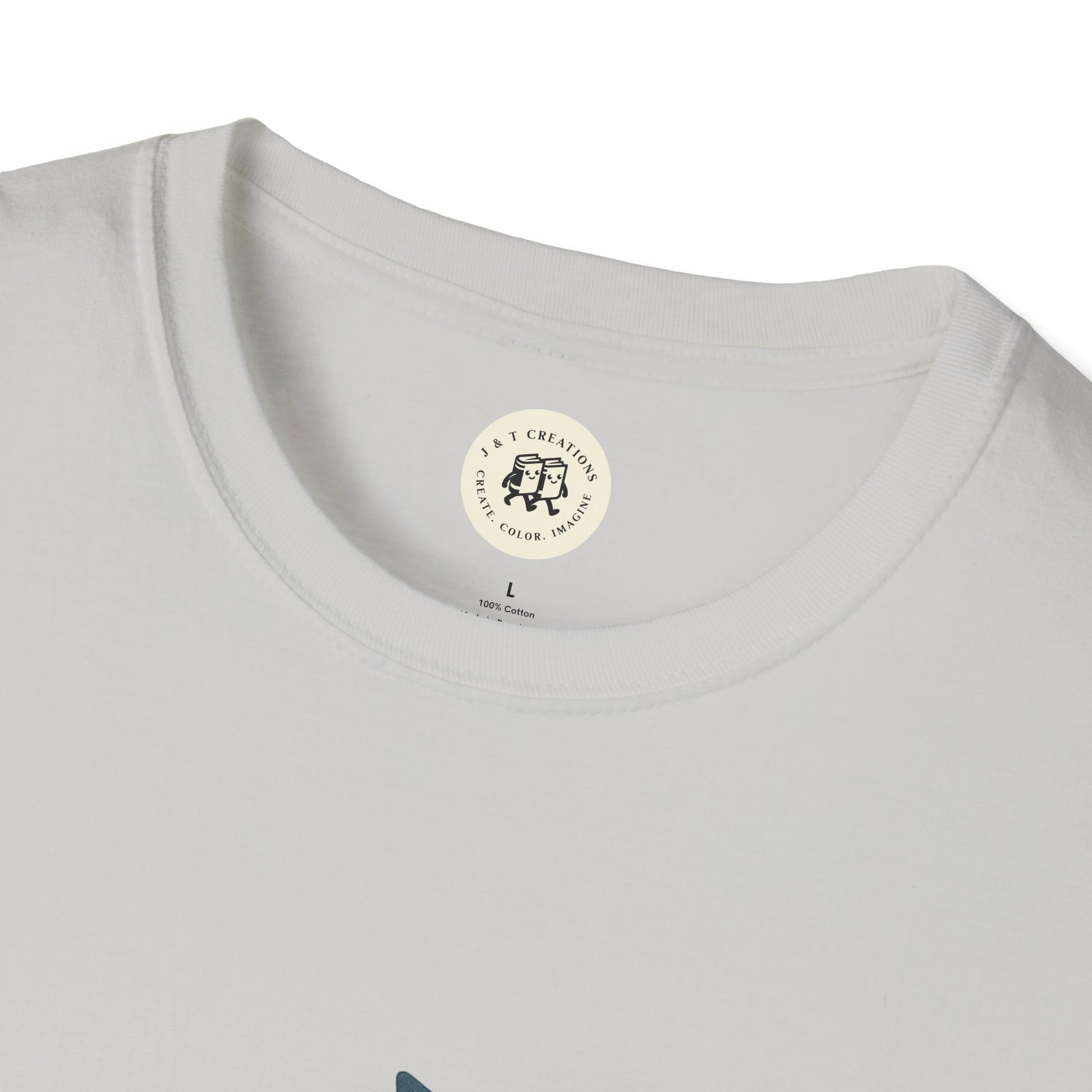 Close-up of white Printify T-Shirt collar featuring Keep on Rockin in the Free World shirt design label