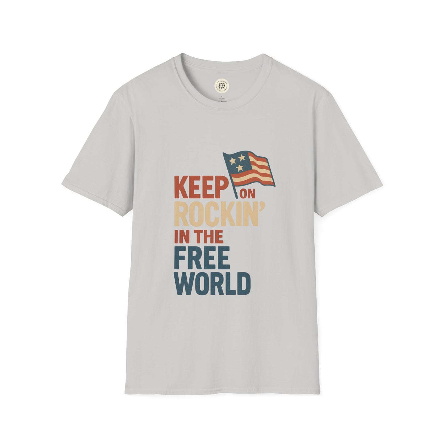 Light gray Keep on Rockin in the Free World shirt with patriotic flag graphic by Printify