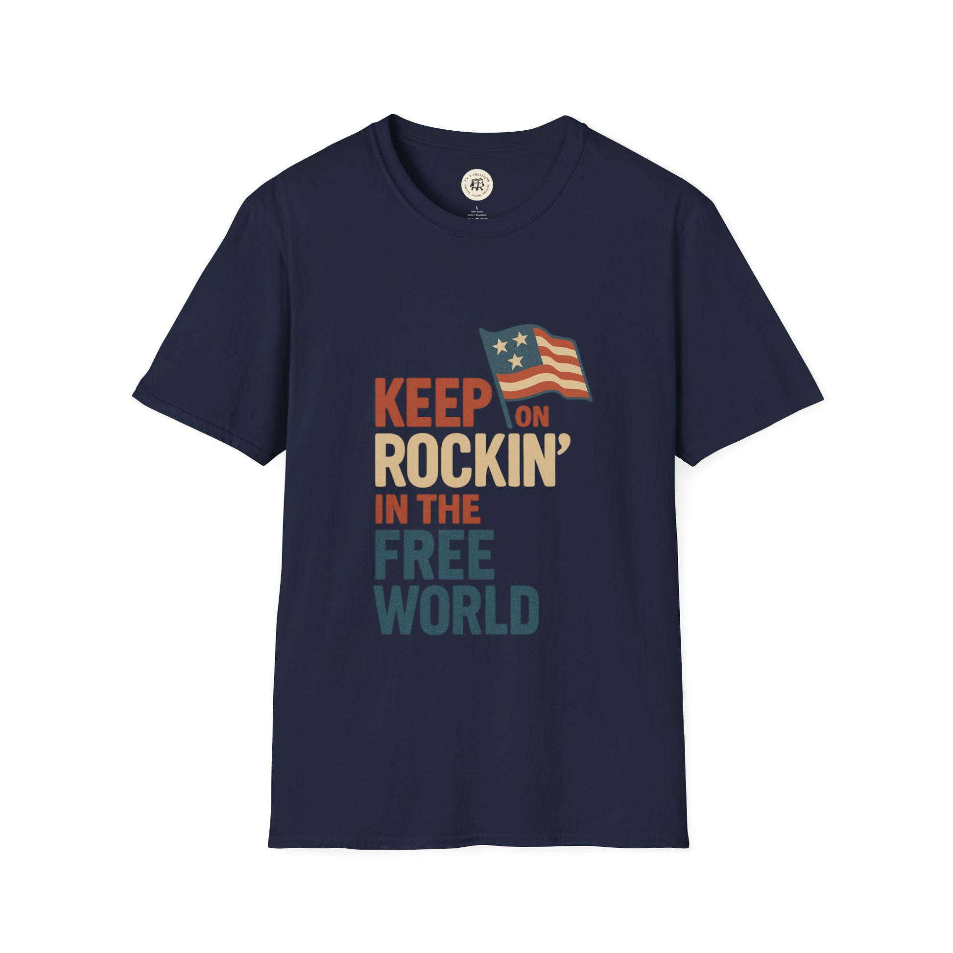 Printify navy T-shirt with Keep on Rockin in the Free World shirt text and American flag graphic