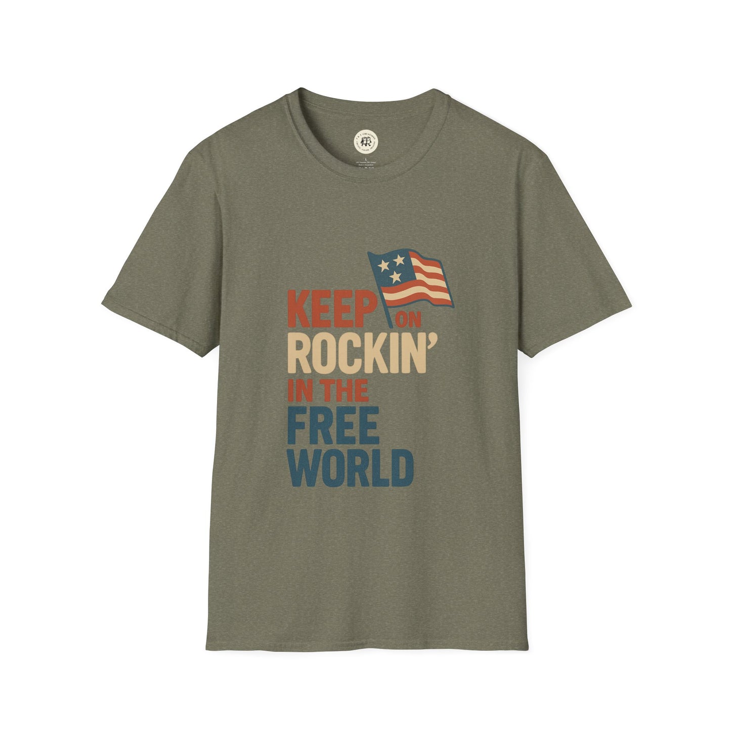 Printify olive green T-shirt with patriotic Keep on Rockin in the Free World shirt design and American flag graphic