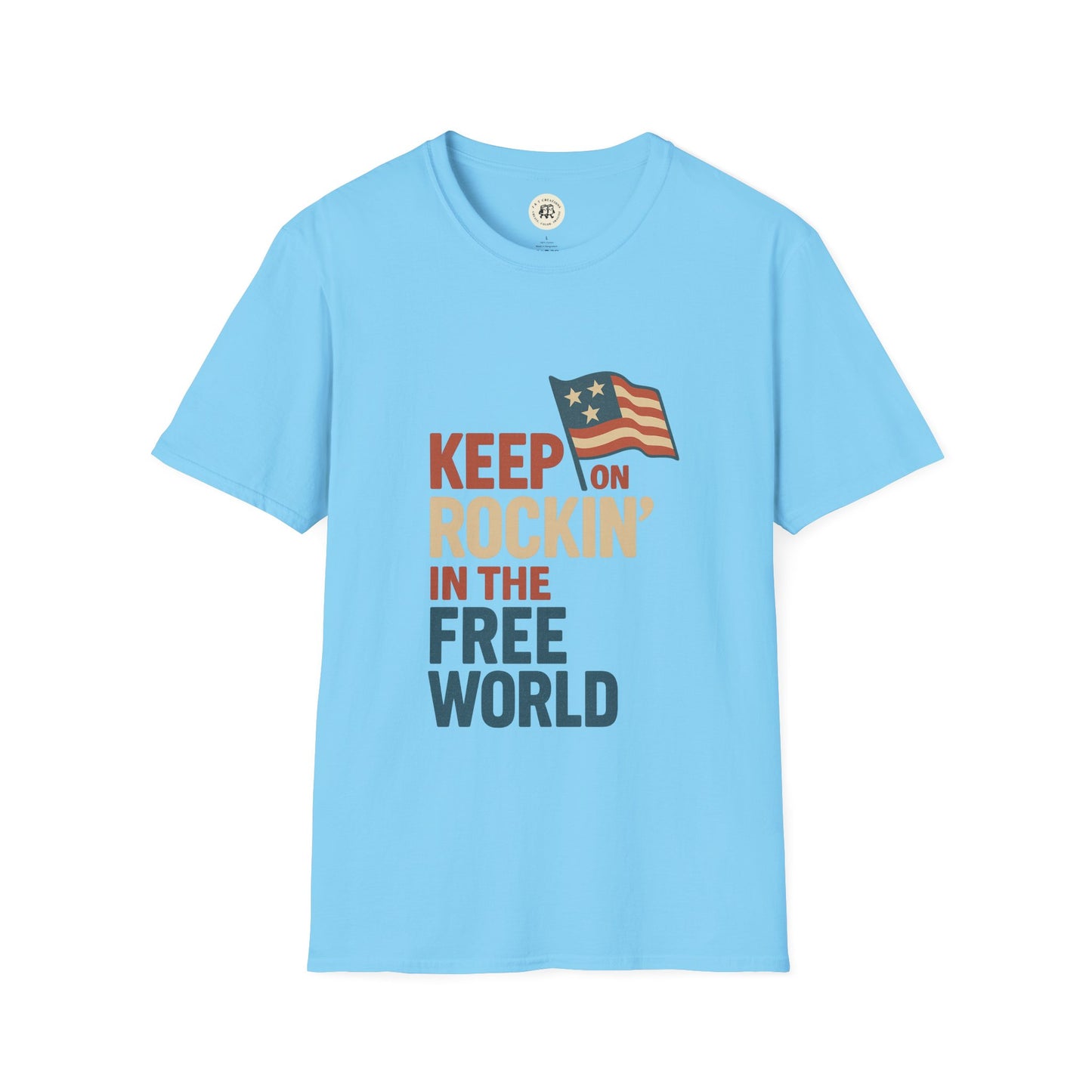 Printify light blue Keep on Rockin in the Free World shirt with American flag graphic