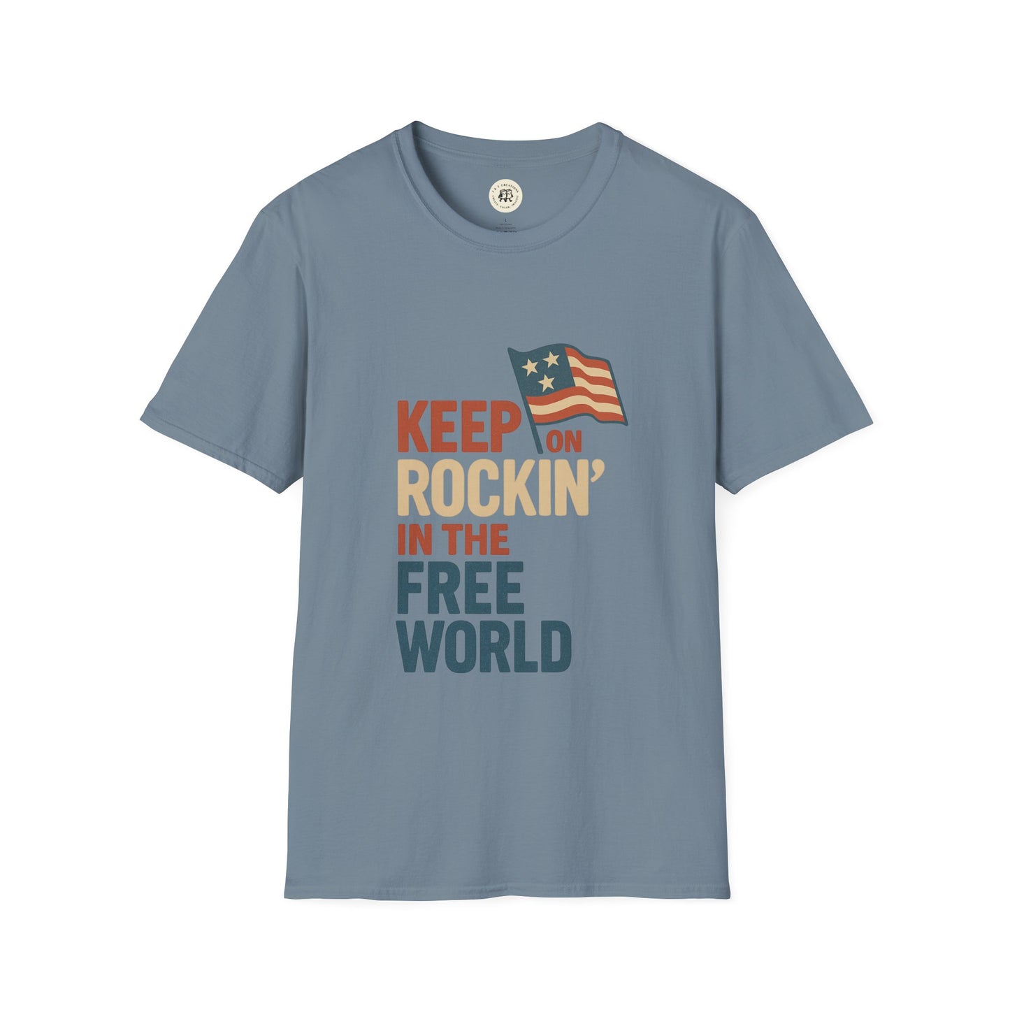 Blue T-shirt with Keep on Rockin in the Free World shirt vintage style text and American flag design