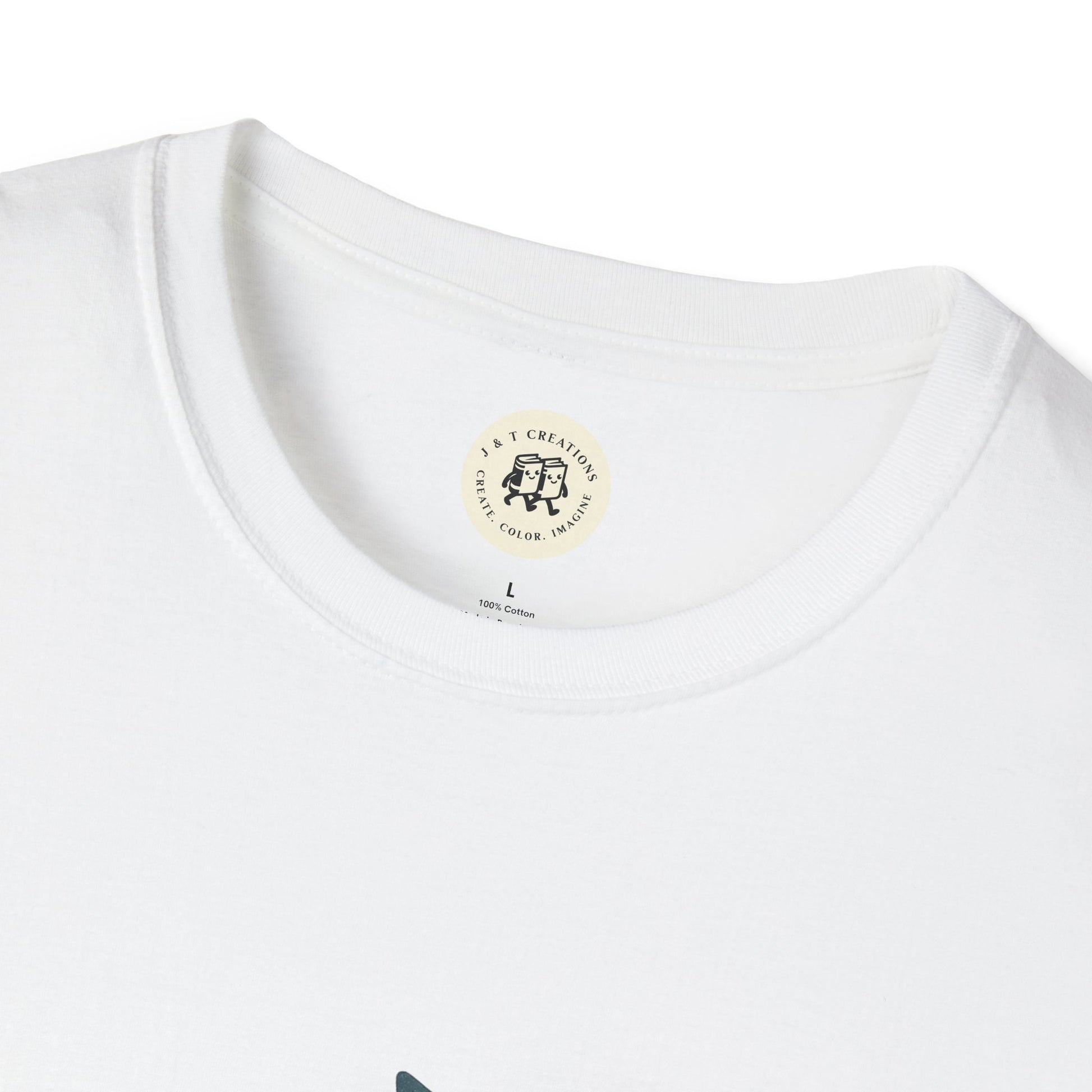 Close-up of white Printify Keep on Rockin in the Free World shirt collar and tag