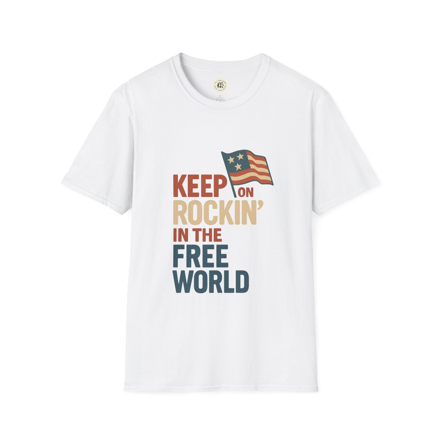 White Keep on Rockin in the Free World shirt with patriotic flag graphic by Printify