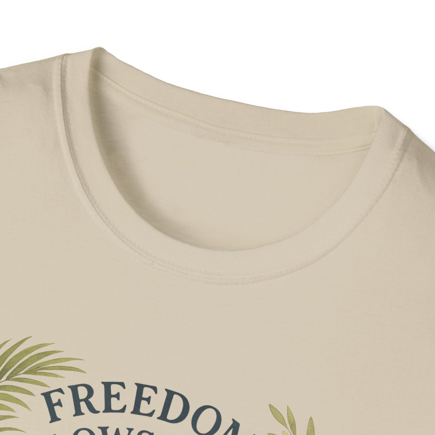 Close-up of beige Key West Lighthouse summer shirt from Printify with round neckline and partial graphic print
