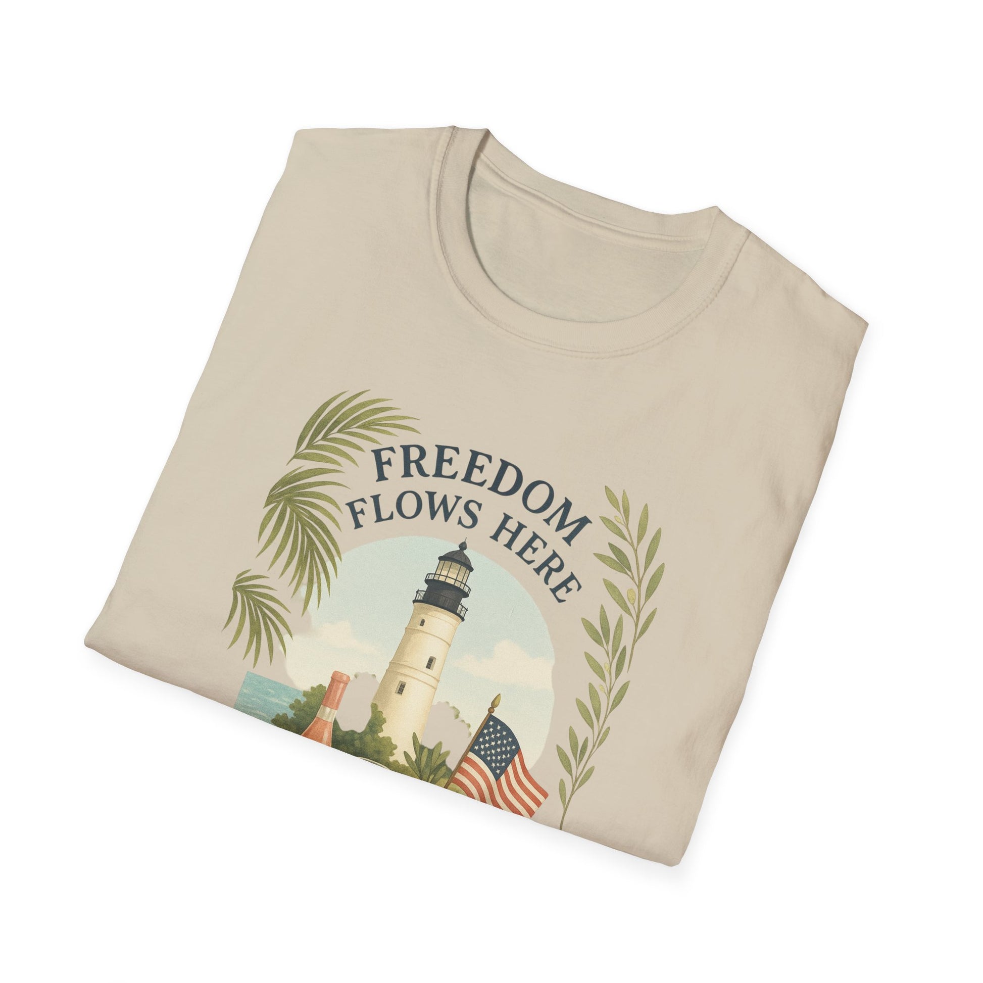 Beige Key West Lighthouse summer shirt with Freedom Flows Here design and palm leaf accents