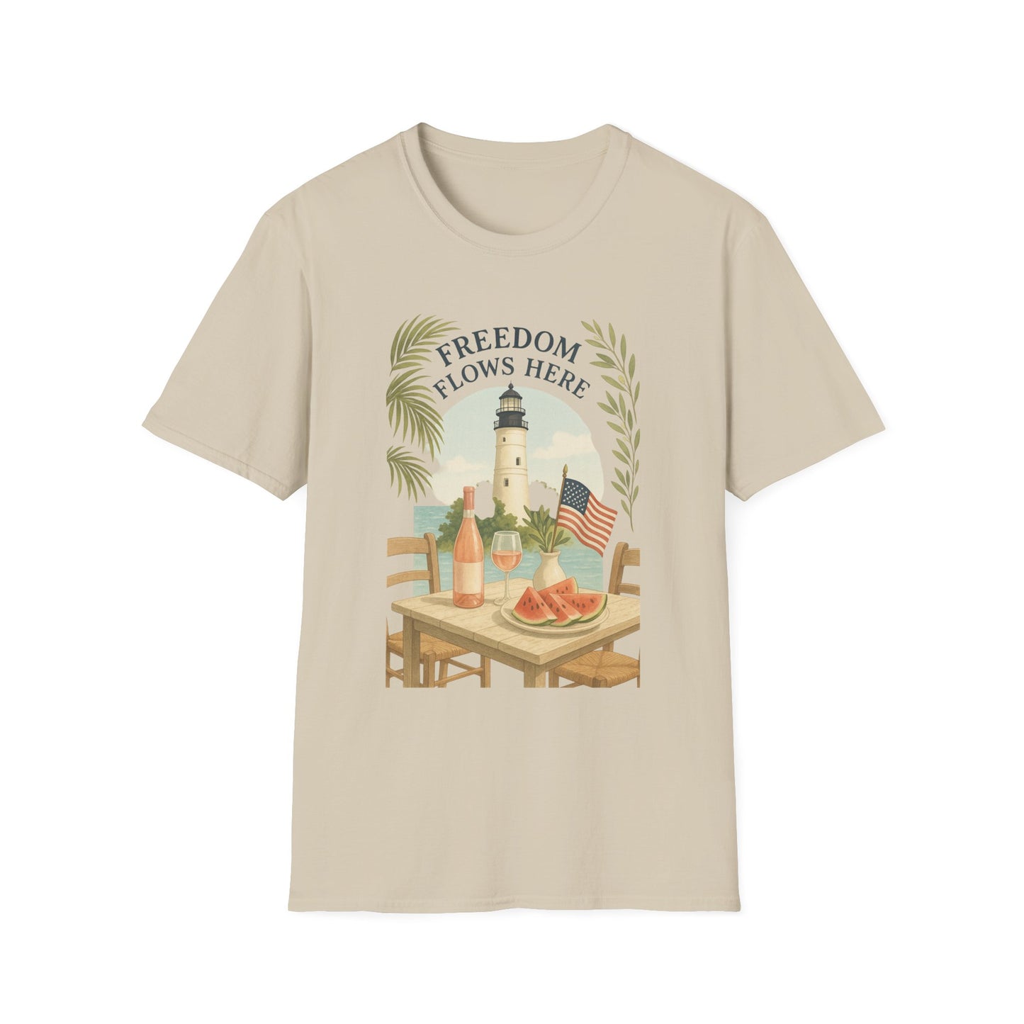 Printify beige T-shirt featuring Key West Lighthouse summer shirt design with lighthouse and summer elements