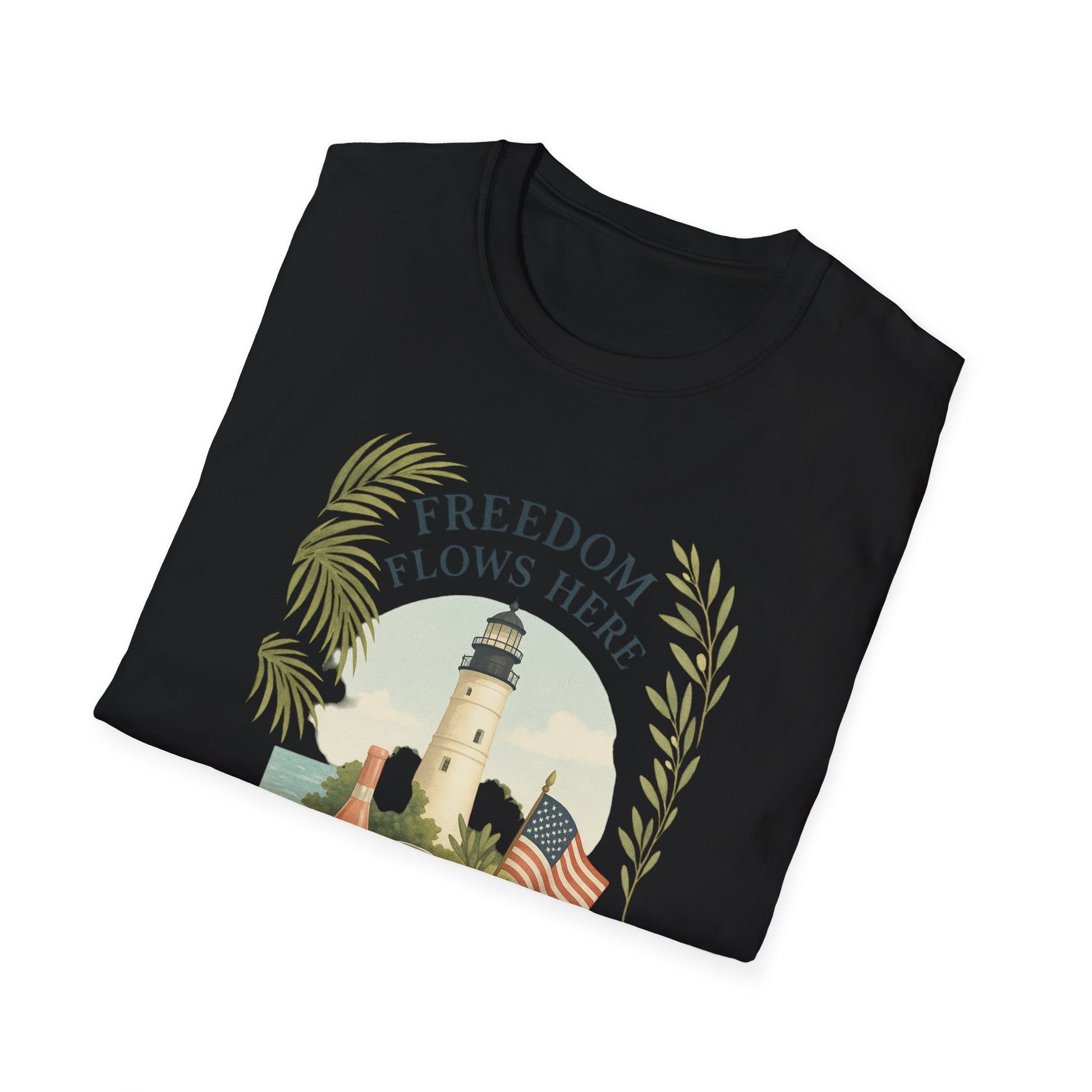 Black Printify Key West Lighthouse summer shirt with lighthouse and patriotic design