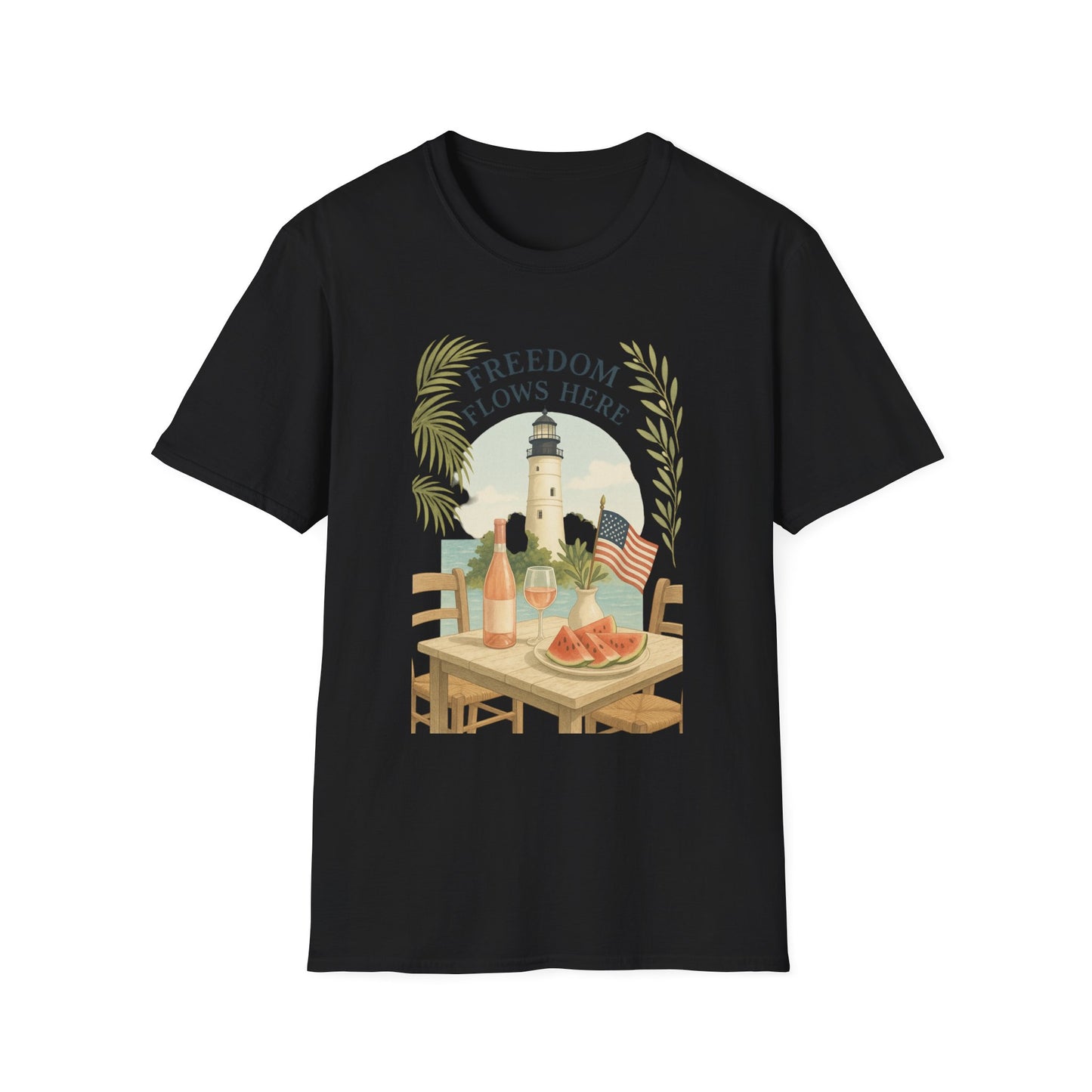 Black Printify t-shirt featuring Key West Lighthouse summer shirt design with lighthouse and table scene