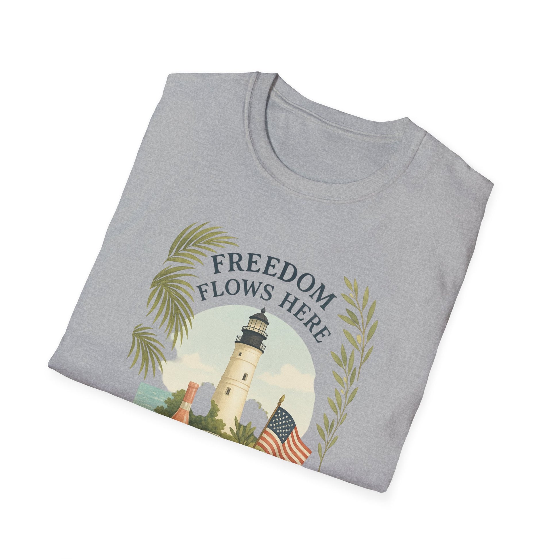 Printify gray Key West Lighthouse summer shirt with freedom flows here design and palm leaves