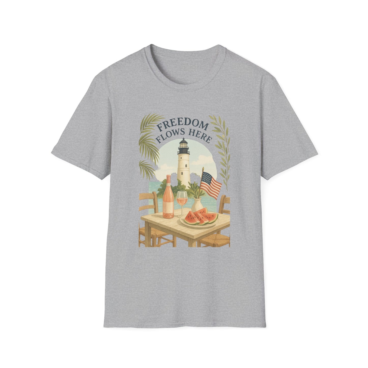 Printify gray t-shirt with Key West Lighthouse summer shirt design featuring lighthouse, American flag, and table with watermelon