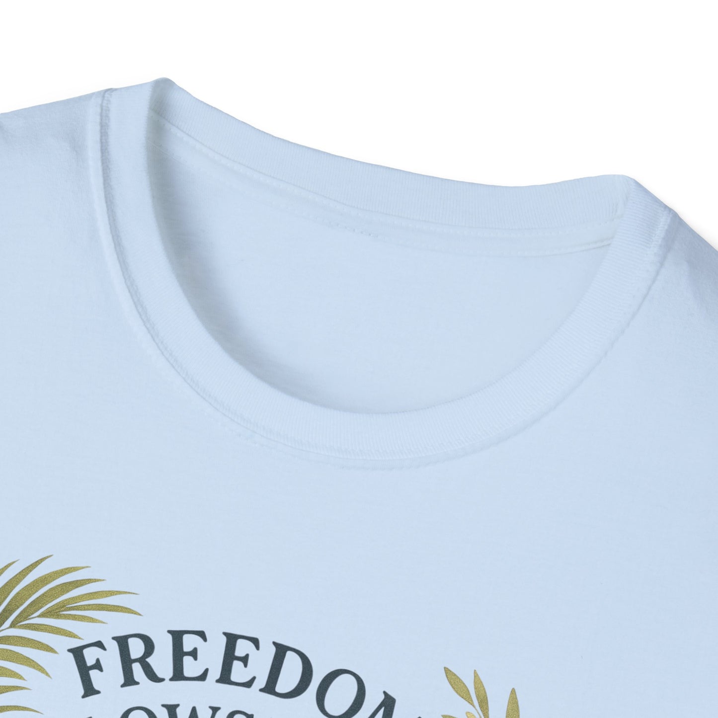 Light blue Key West Lighthouse summer shirt by Printify with palm leaf design and freedom text