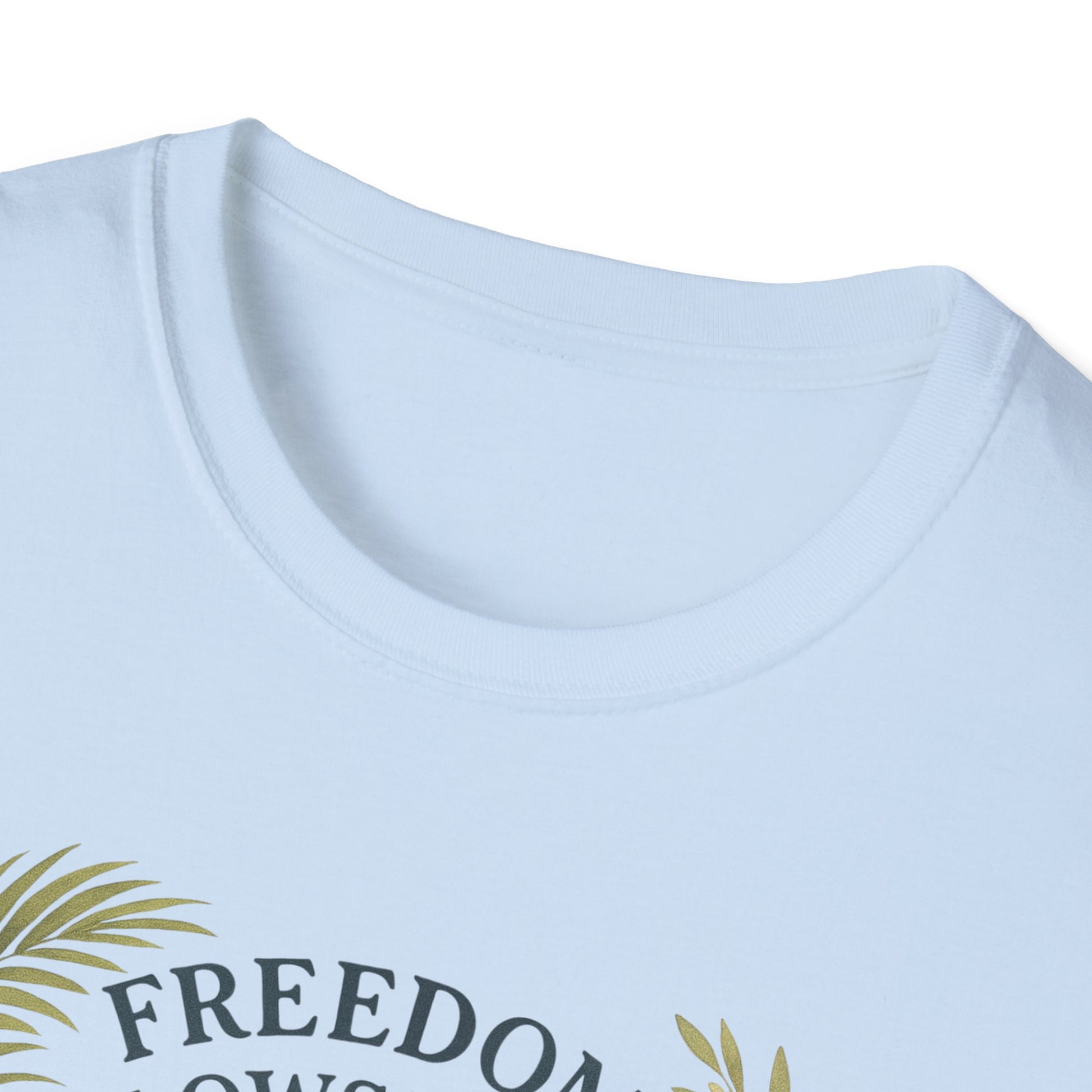 Light blue Key West Lighthouse summer shirt by Printify with palm leaf design and freedom text