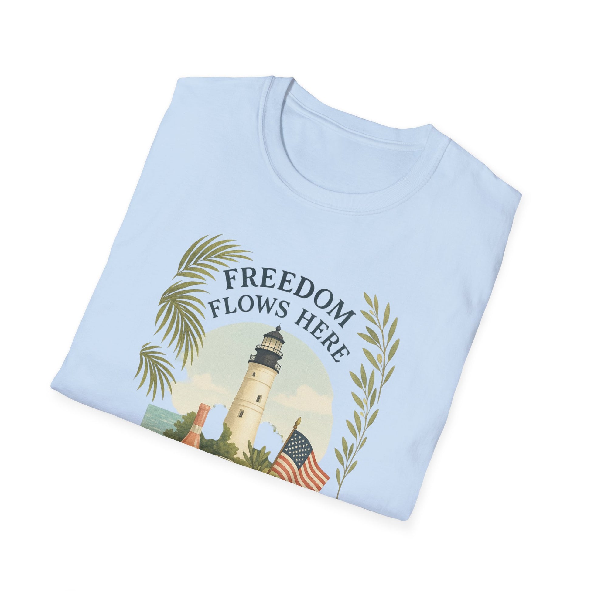Light blue Key West Lighthouse summer shirt with freedom flows here design and palm leaves