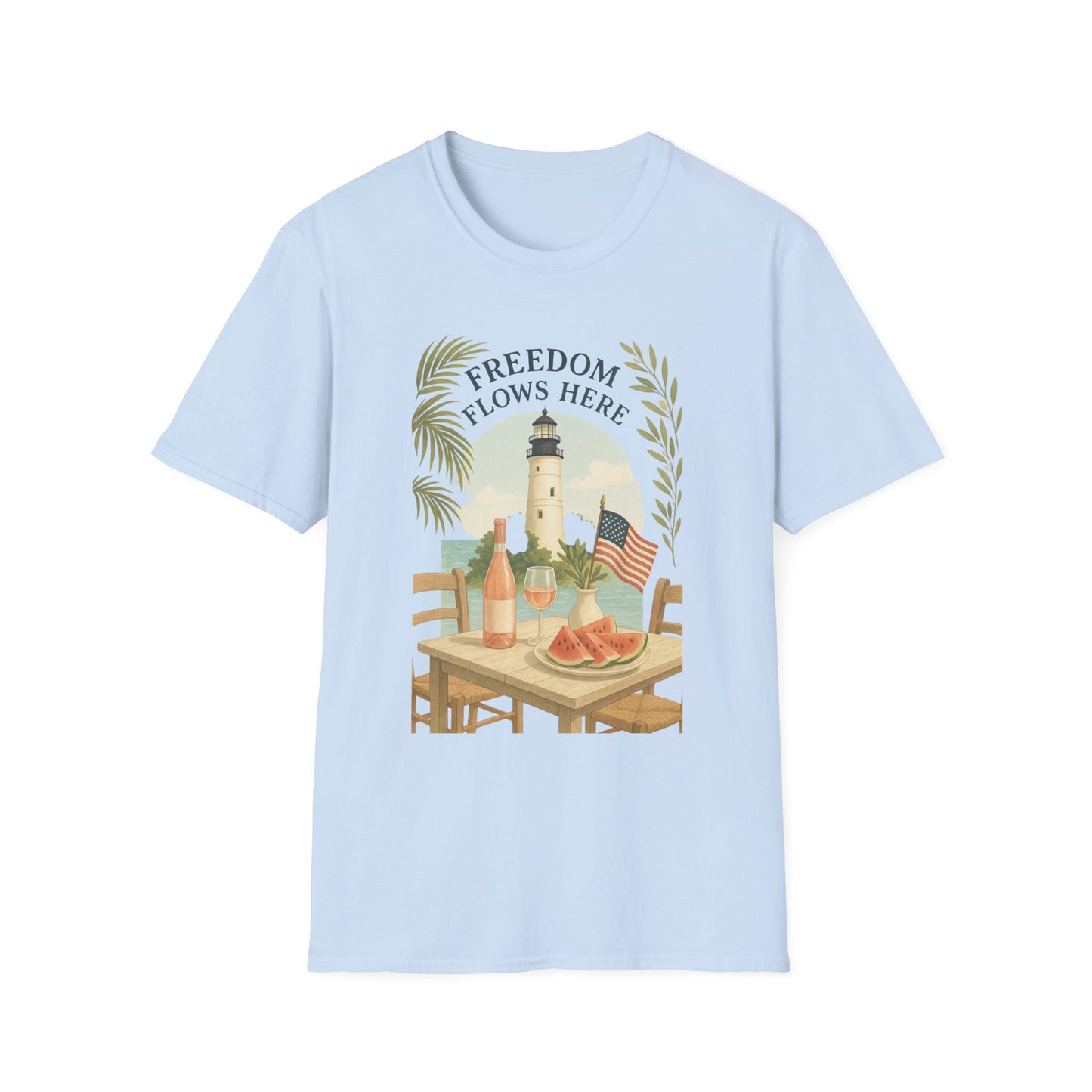 Light blue Key West Lighthouse summer shirt with freedom flows here design and picnic scene