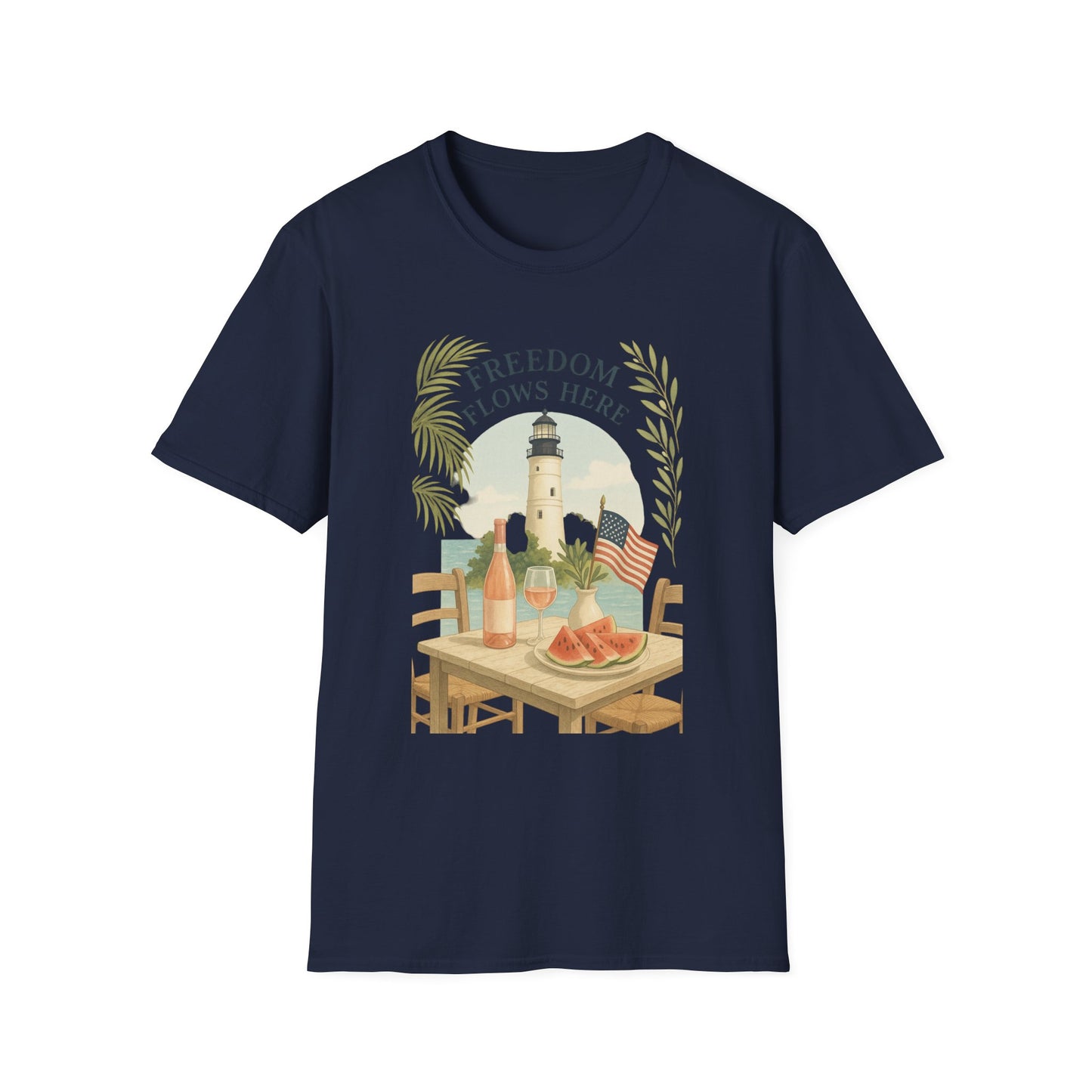 Navy Printify T-shirt featuring Key West Lighthouse summer shirt design with lighthouse and table scene