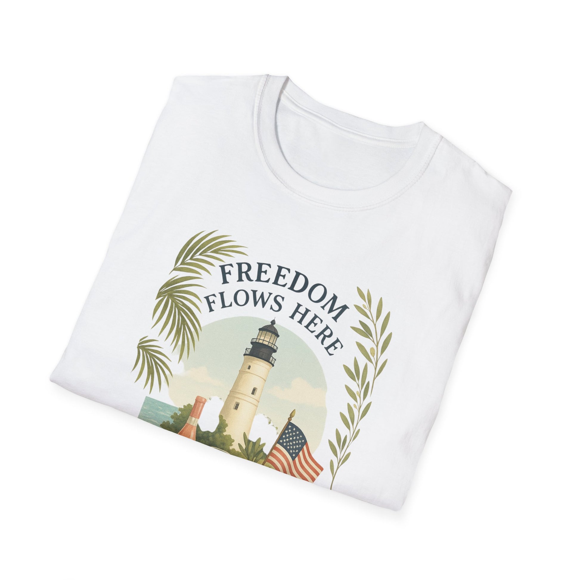 White Printify T-Shirt featuring Key West Lighthouse summer shirt design with freedom theme and foliage