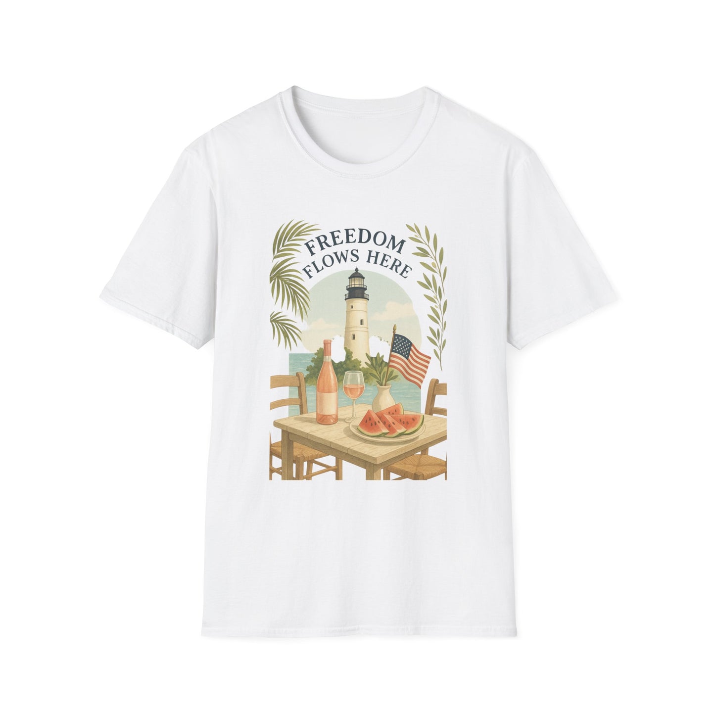 Printify white T-shirt featuring Key West Lighthouse summer shirt design with freedom theme and tropical elements