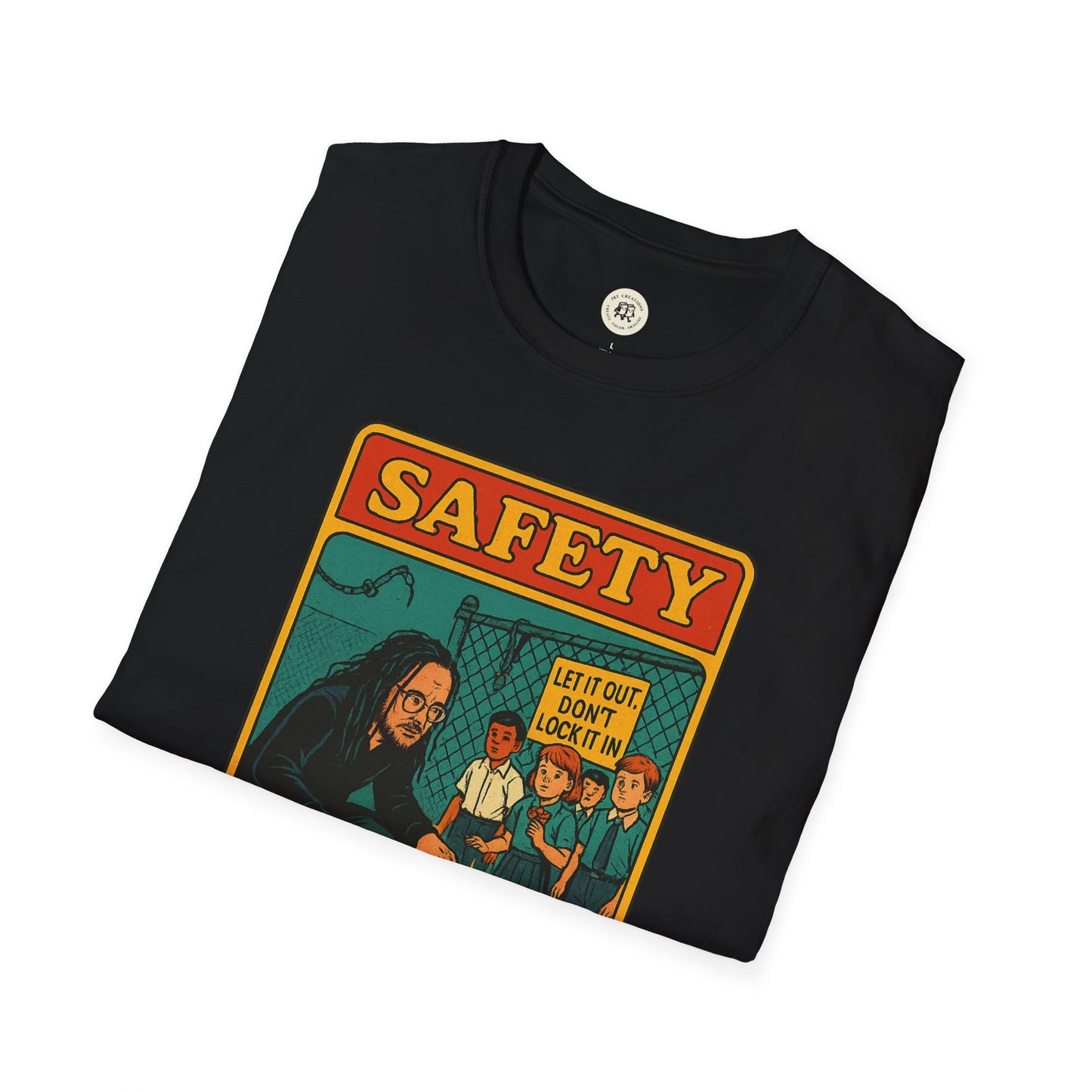 Folded black Korn safety shirt by Printify featuring colorful safety graphic with characters and text
