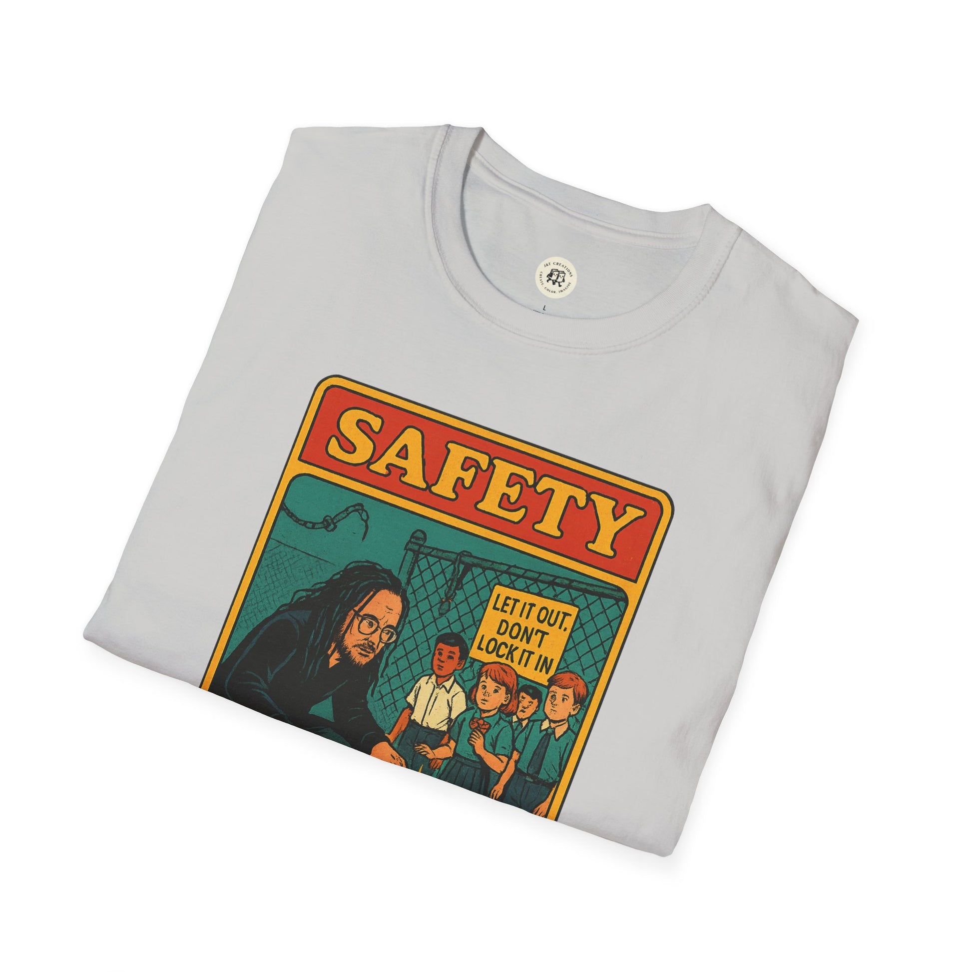 Folded white Korn safety shirt from Printify featuring colorful vintage safety illustration