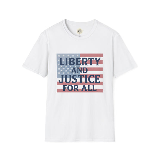 White Printify T-shirt with American flag and bold text liberty and justice shirt for all