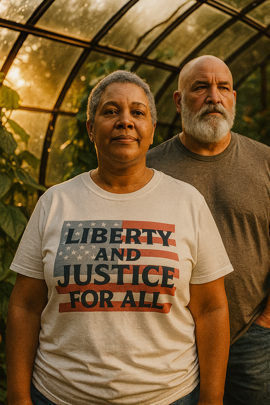 Liberty and justice shirt featuring American flag print worn by woman in outdoor setting
