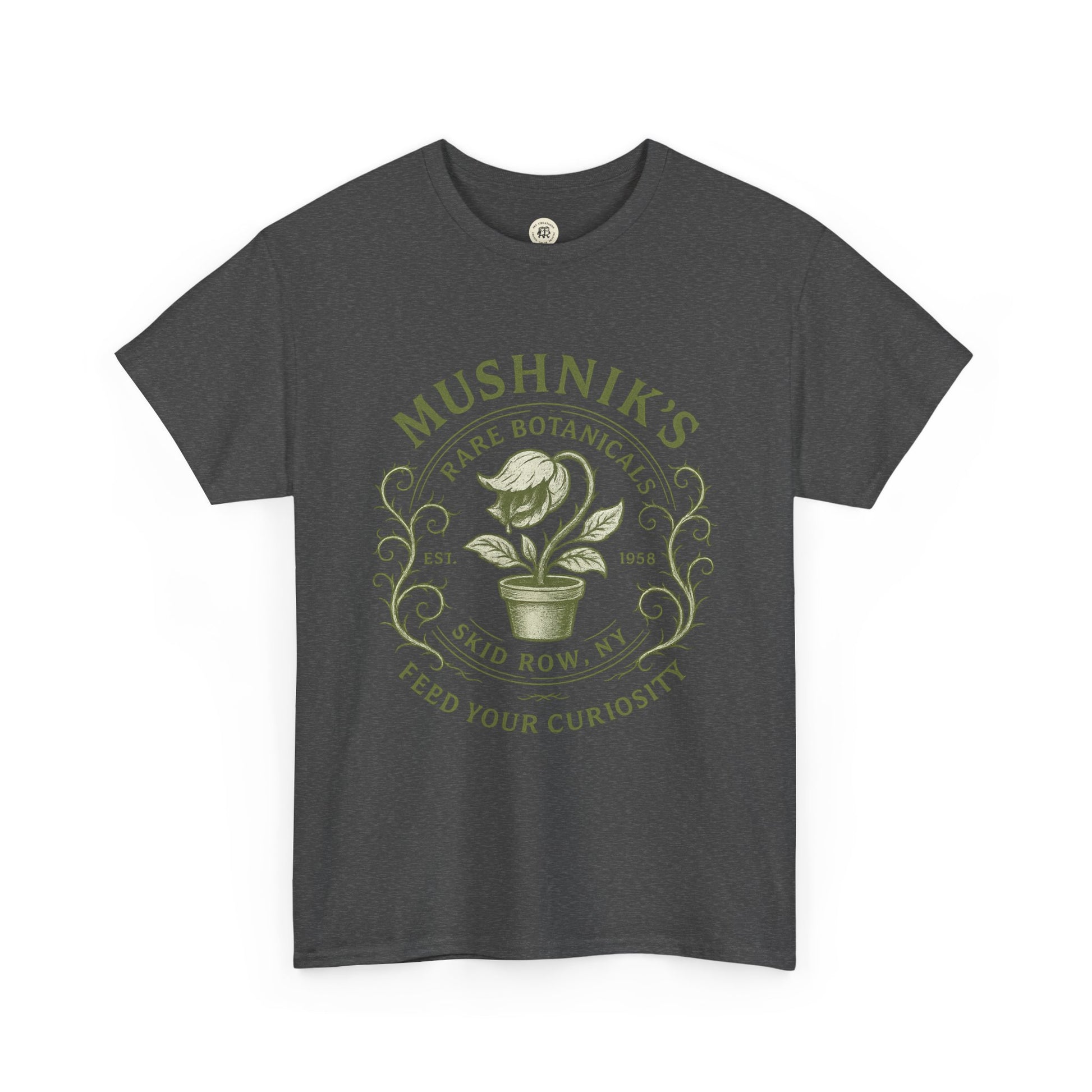 Printify Little Shop of Horrors t-shirt featuring Mushnik's Rare Botanicals plant design in green on dark gray