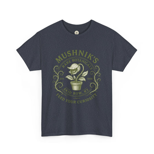 Dark gray Little Shop of Horrors t-shirt featuring Mushnik's Rare Botanicals graphic design