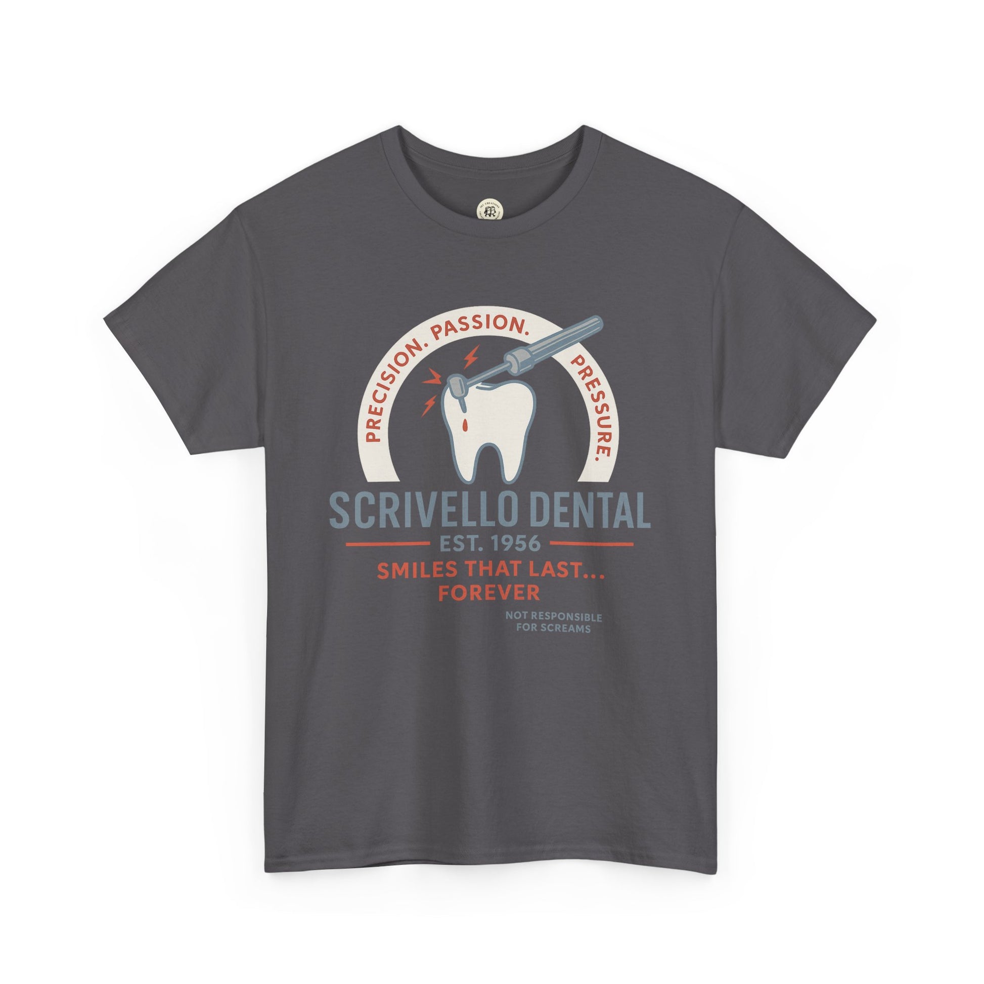 Gray Little Shop of Horrors t-shirt with Scrivello Dental vintage tooth design and text