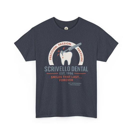 Little Shop of Horrors t-shirt with Scrivello Dental graphic and vintage dental logo