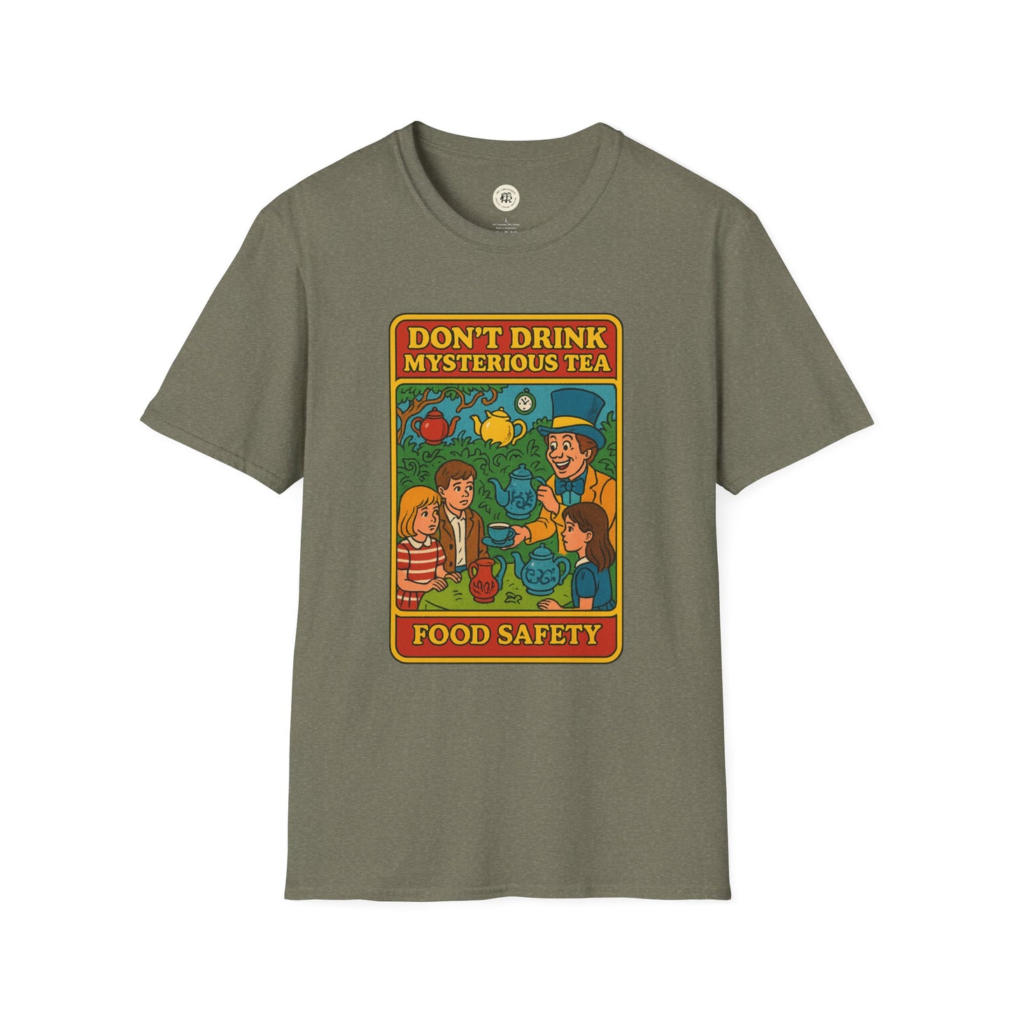 Printify mad hatter food safety shirt with vintage style tea party graphic and safety message