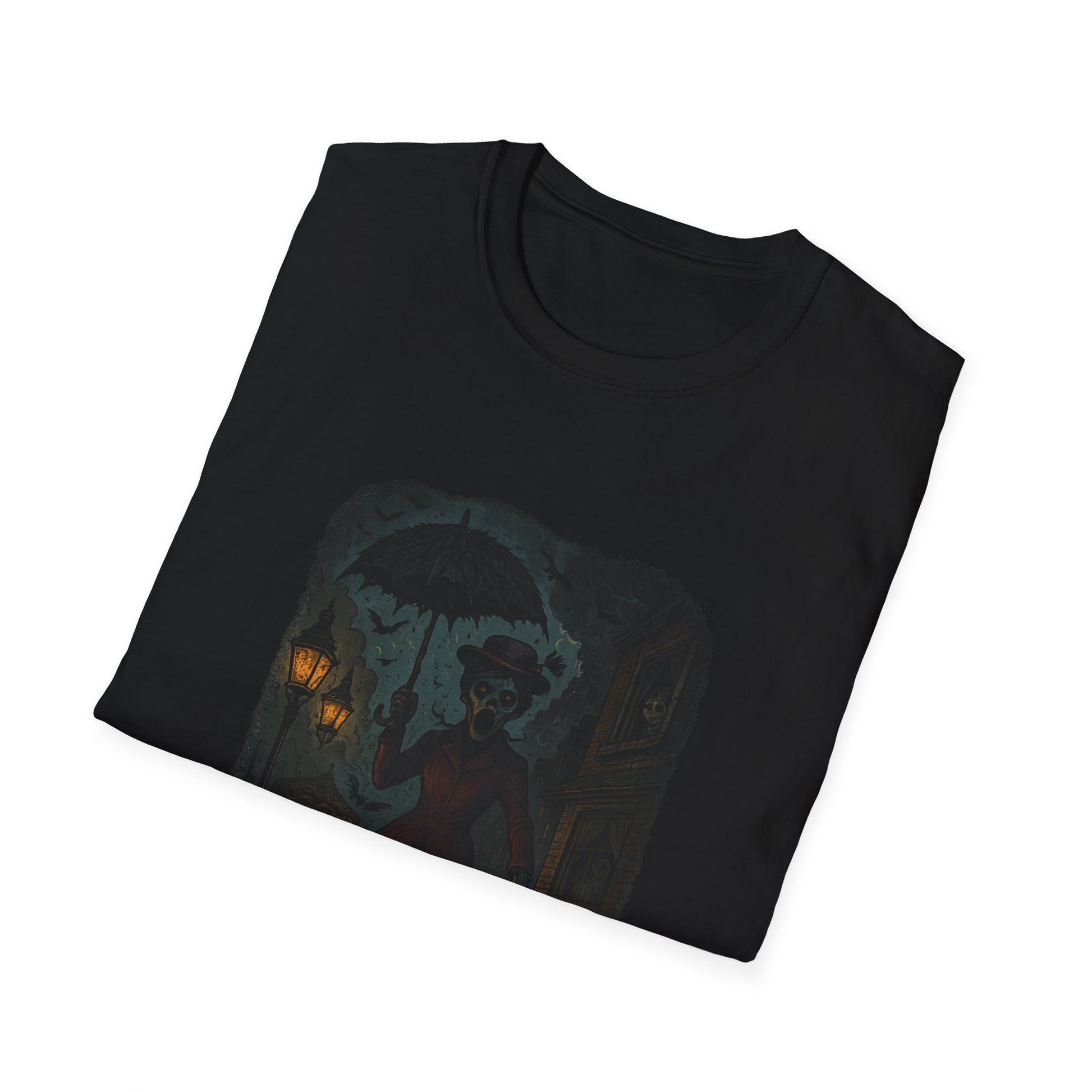 Black Printify T-shirt featuring Mary Poppins inspired art tee with spooky umbrella and vintage design