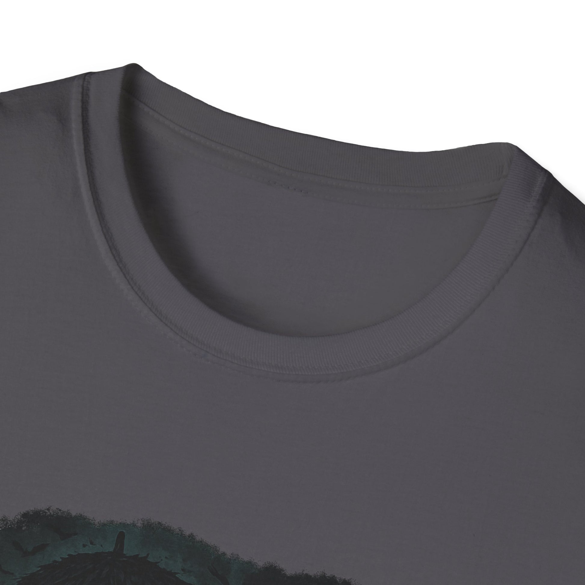 Close-up of gray Printify T-shirt featuring Mary Poppins inspired art tee design with round neckline
