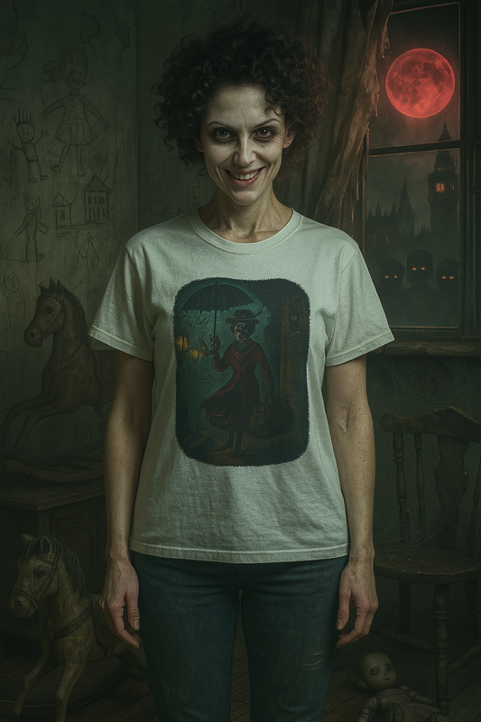 Mary Poppins inspired art tee with vintage style graphic on white t-shirt by Printify