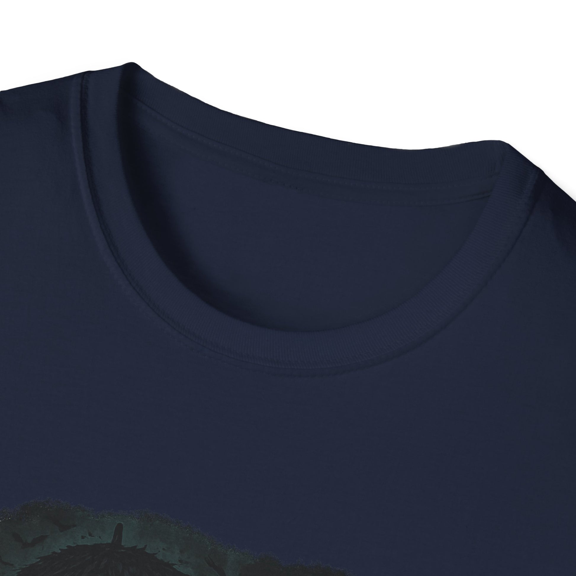 Close-up of navy blue Printify T-Shirt featuring Mary Poppins inspired art tee design on soft fabric