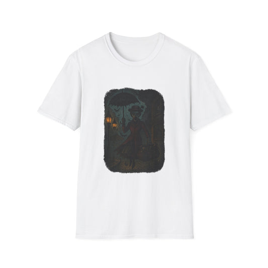 White Printify t-shirt featuring Mary Poppins inspired art tee design with dark silhouette and umbrella