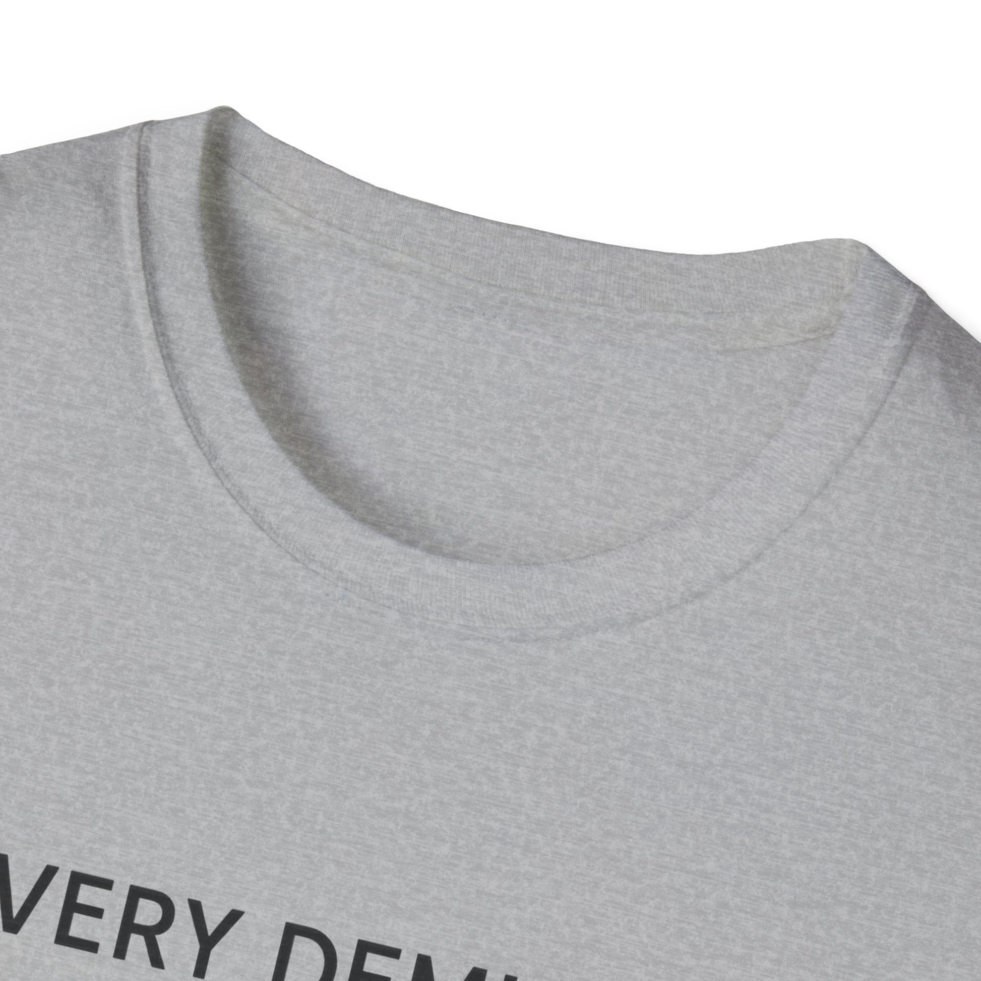 Close-up of gray mindfulness graphic t-shirt neck and partial text print by Printify