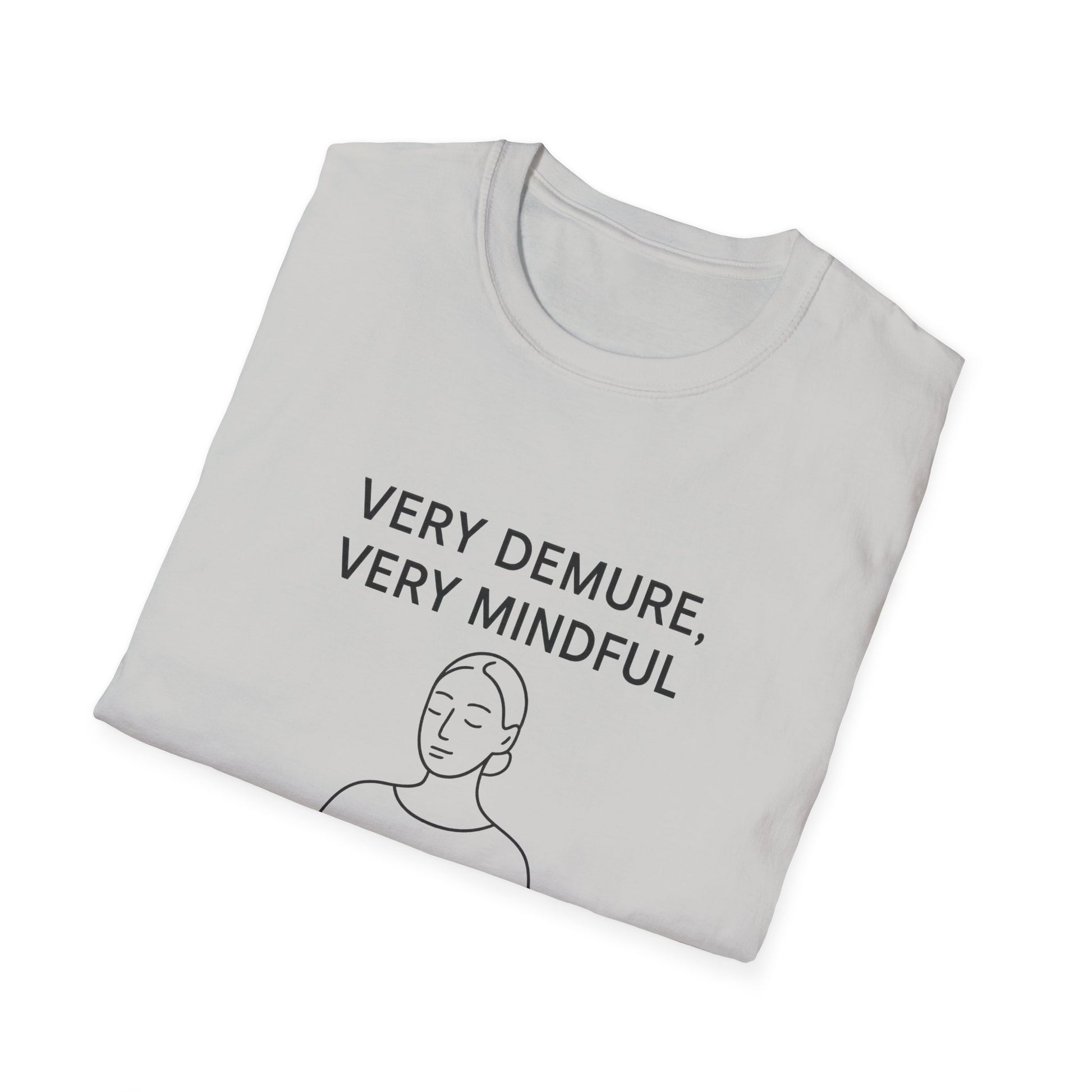 White Printify mindfulness graphic t-shirt with simple line art and text saying very demure very mindful