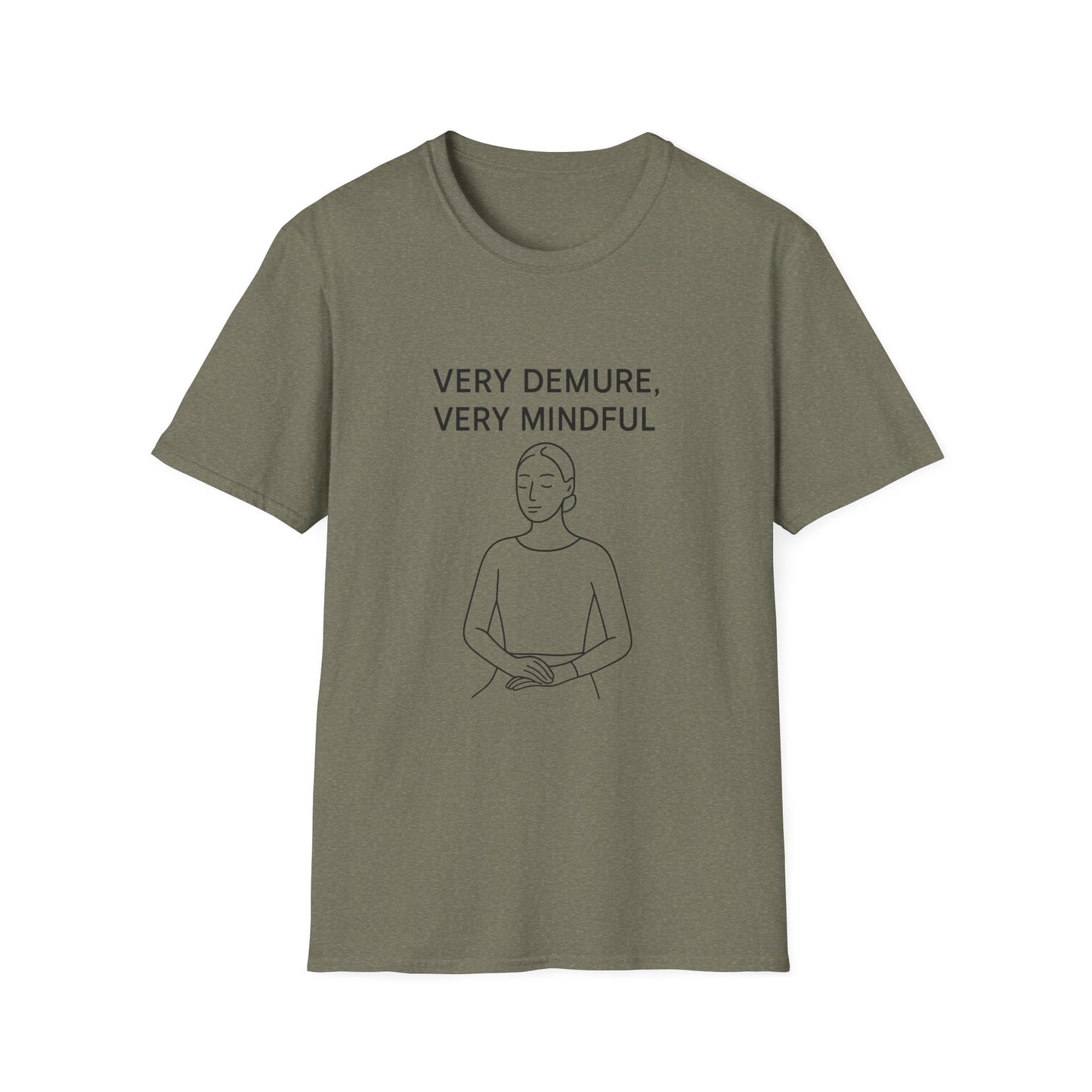 Olive Printify mindfulness graphic t-shirt with minimalist line art and text very demure very mindful