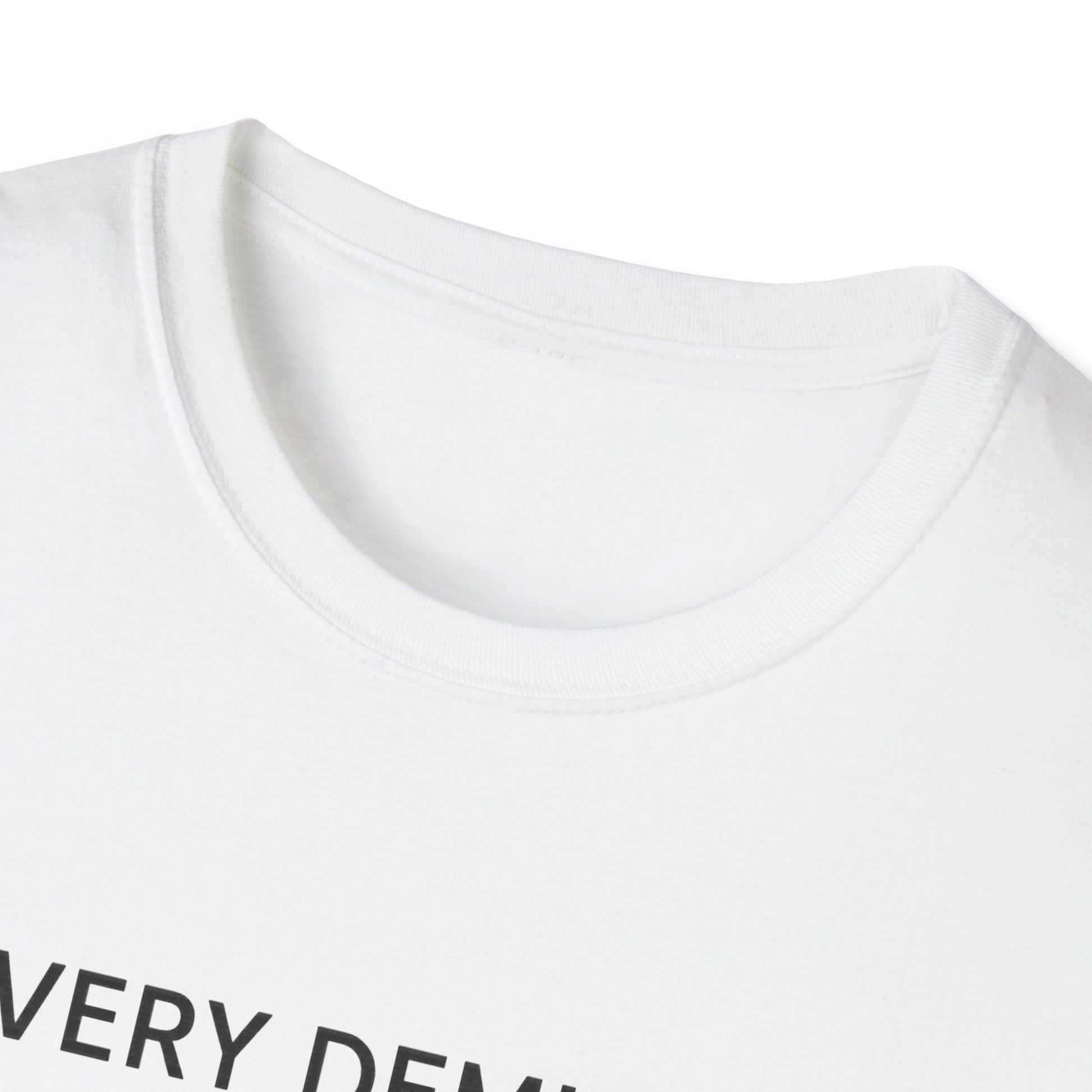 Close-up of white Printify mindfulness graphic t-shirt with black text design and round neckline