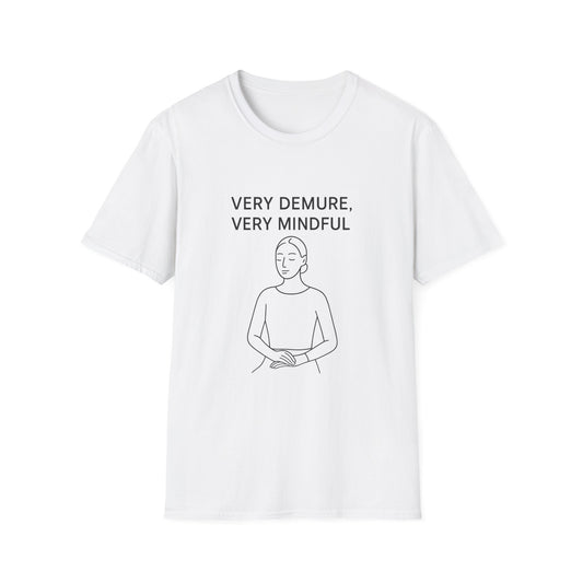 White Printify mindfulness graphic t-shirt with simple line art and text very demure very mindful