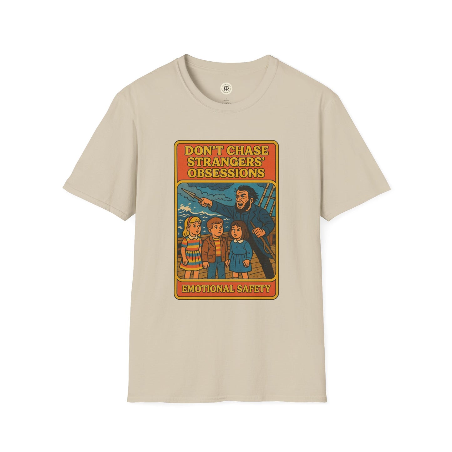 Beige Moby Dick graphic t-shirt by Printify featuring a vintage style illustration with text about emotional safety