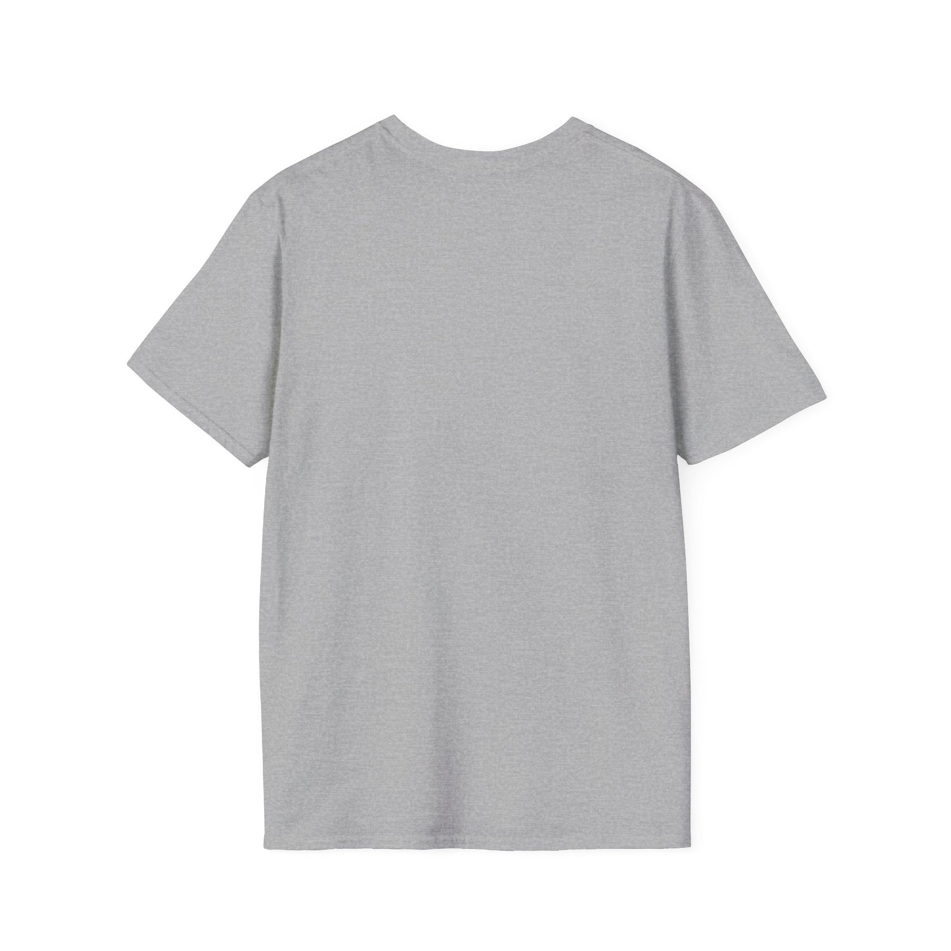 Back view of plain gray Printify Moby Dick graphic t-shirt in a classic fit short sleeve style